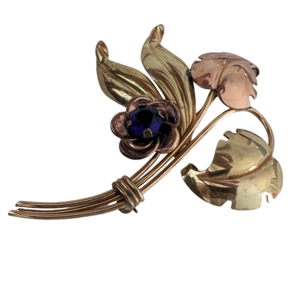 HARRY ISKIN Vintage Sapphire Brooch 1940 12K Gold Filled Floral Bouquet Pin - Picture 6 of 8